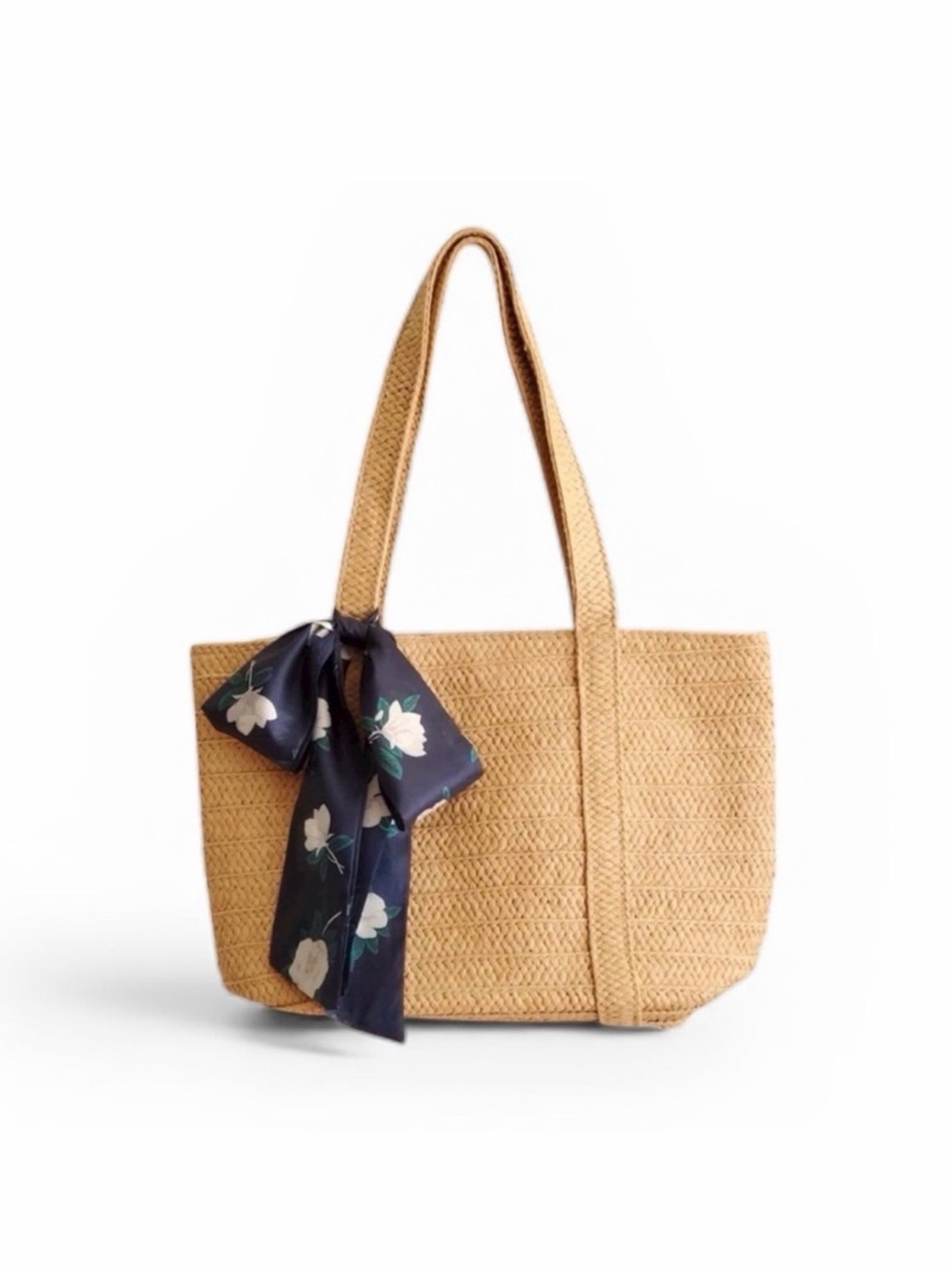 NWT Draper James Woven Straw Tote Bag with Navy Floral Scarf